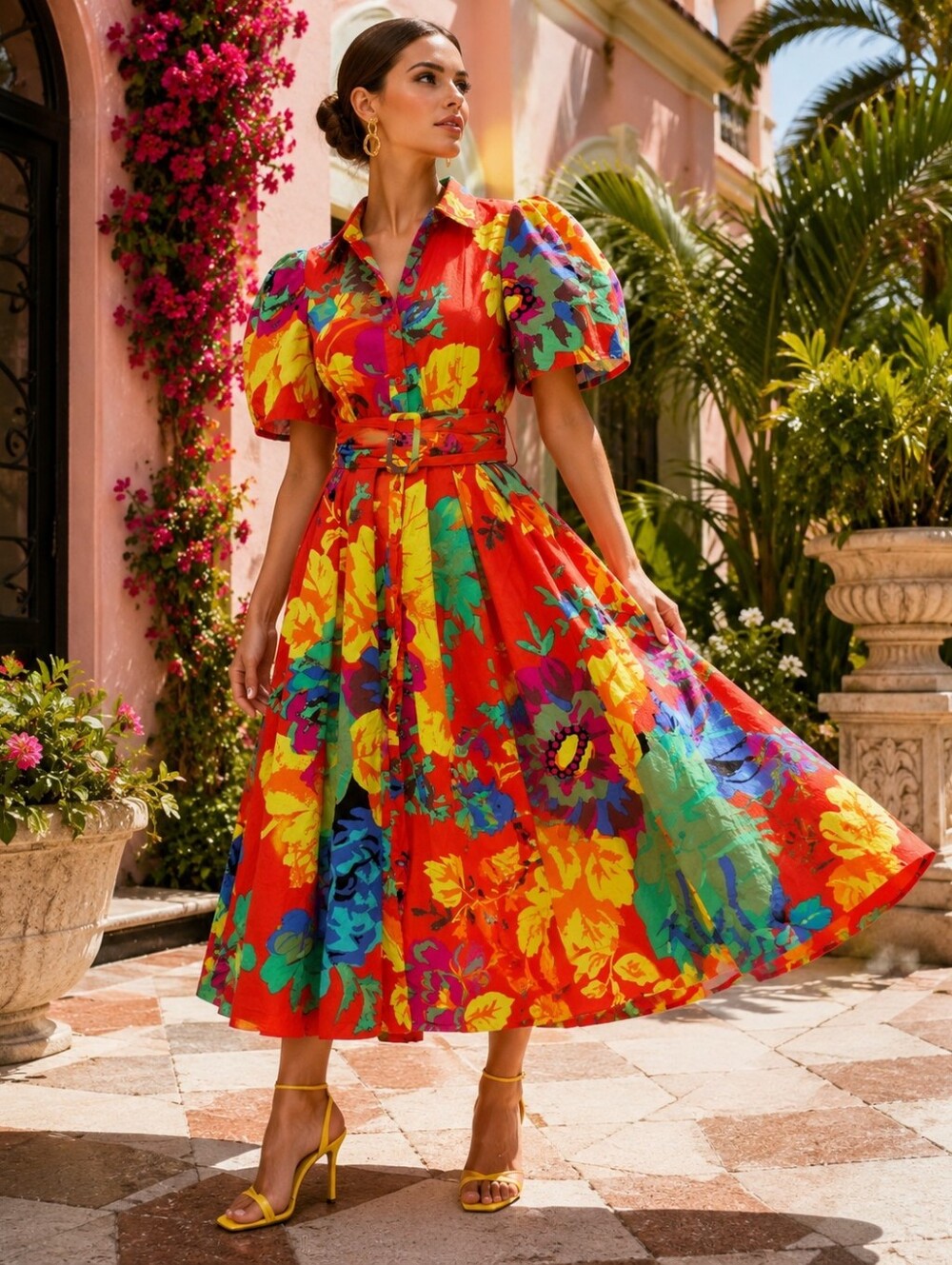 Christopher John Rogers Floral Puff Sleeve Belted Cotton Poplin Maxi Dress US 8 - Picture 3 of 16